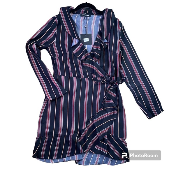 Parisian stripe print wrap dress with frill - Picture 2 of 3